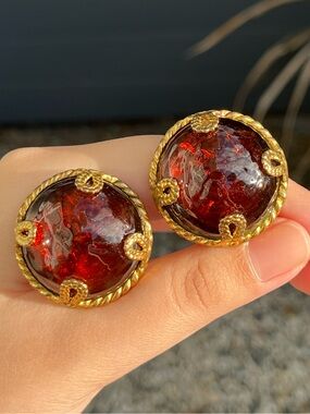 Vintage Dominique Aurientis Large Red Poured Glass Cabochon Gold Clip Earrings